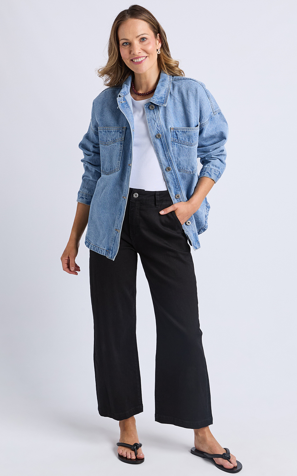 Laura Denim Shacket product photo.