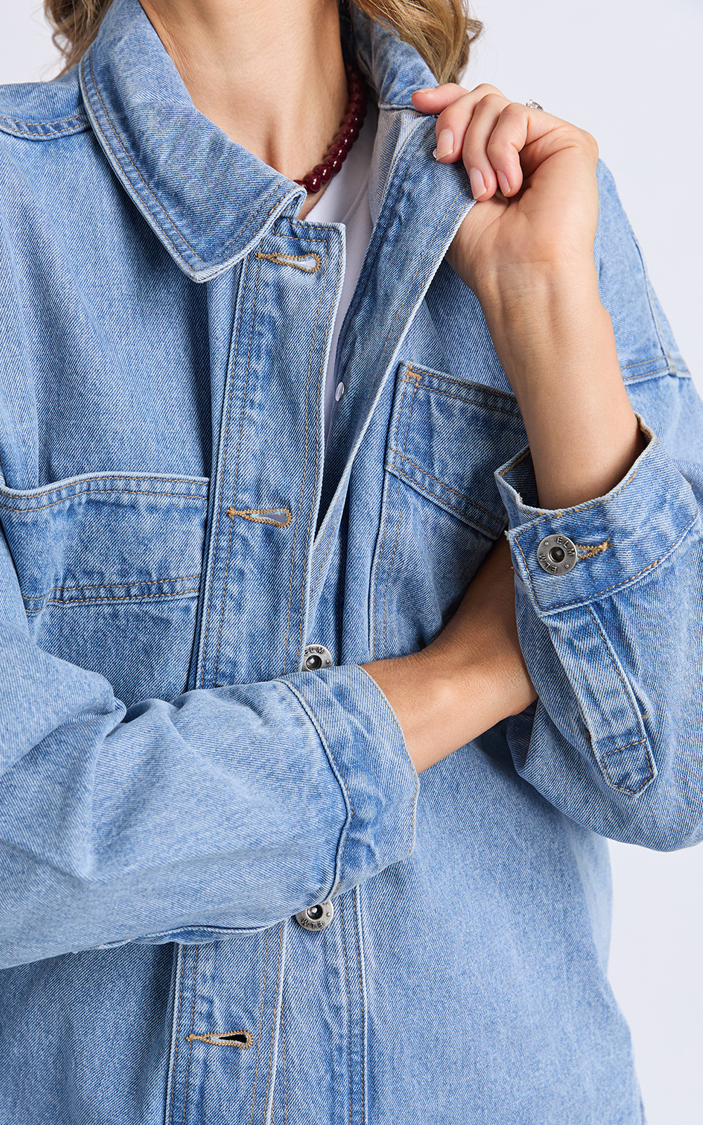 Laura Denim Shacket product photo.