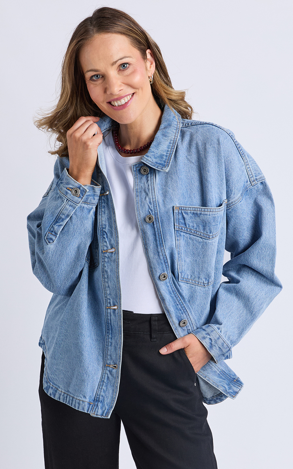 Laura Denim Shacket product photo.