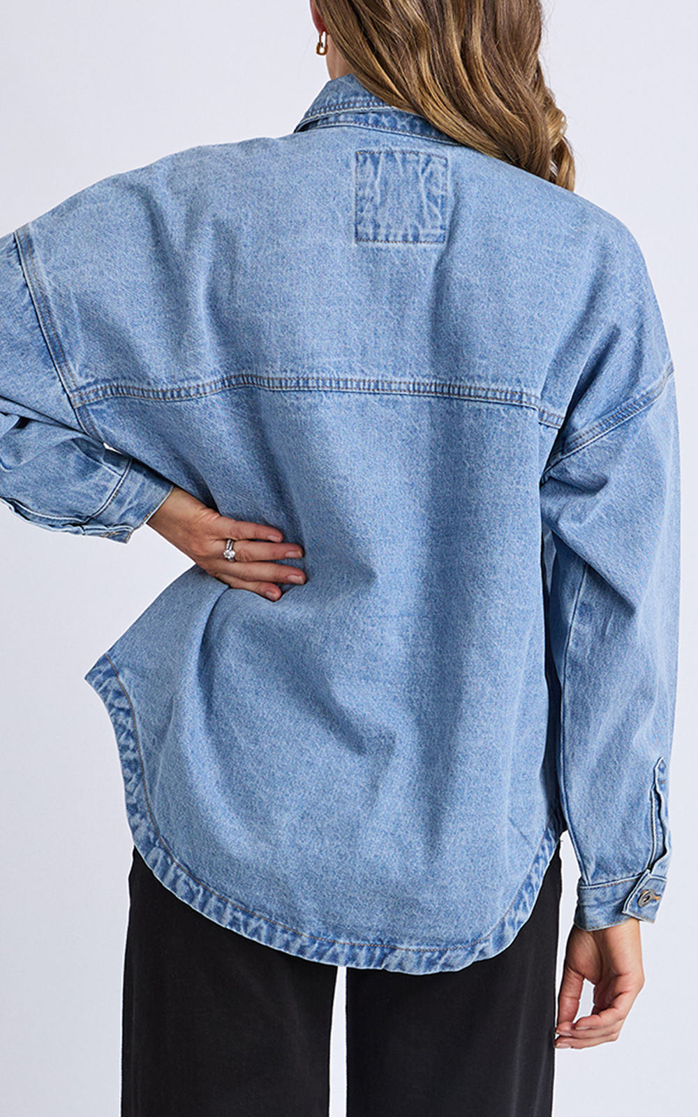 Laura Denim Shacket product photo.
