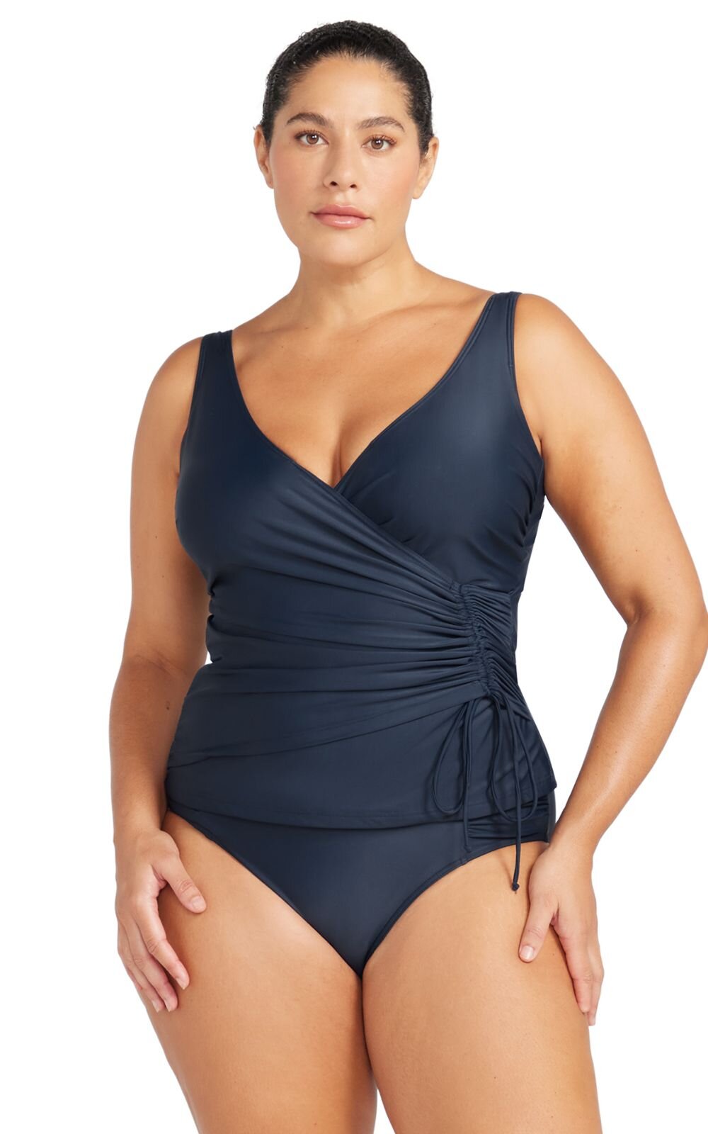 Rembrandt Cross Over Side Drawstring Soft D-G Cup Tankini Top product photo.