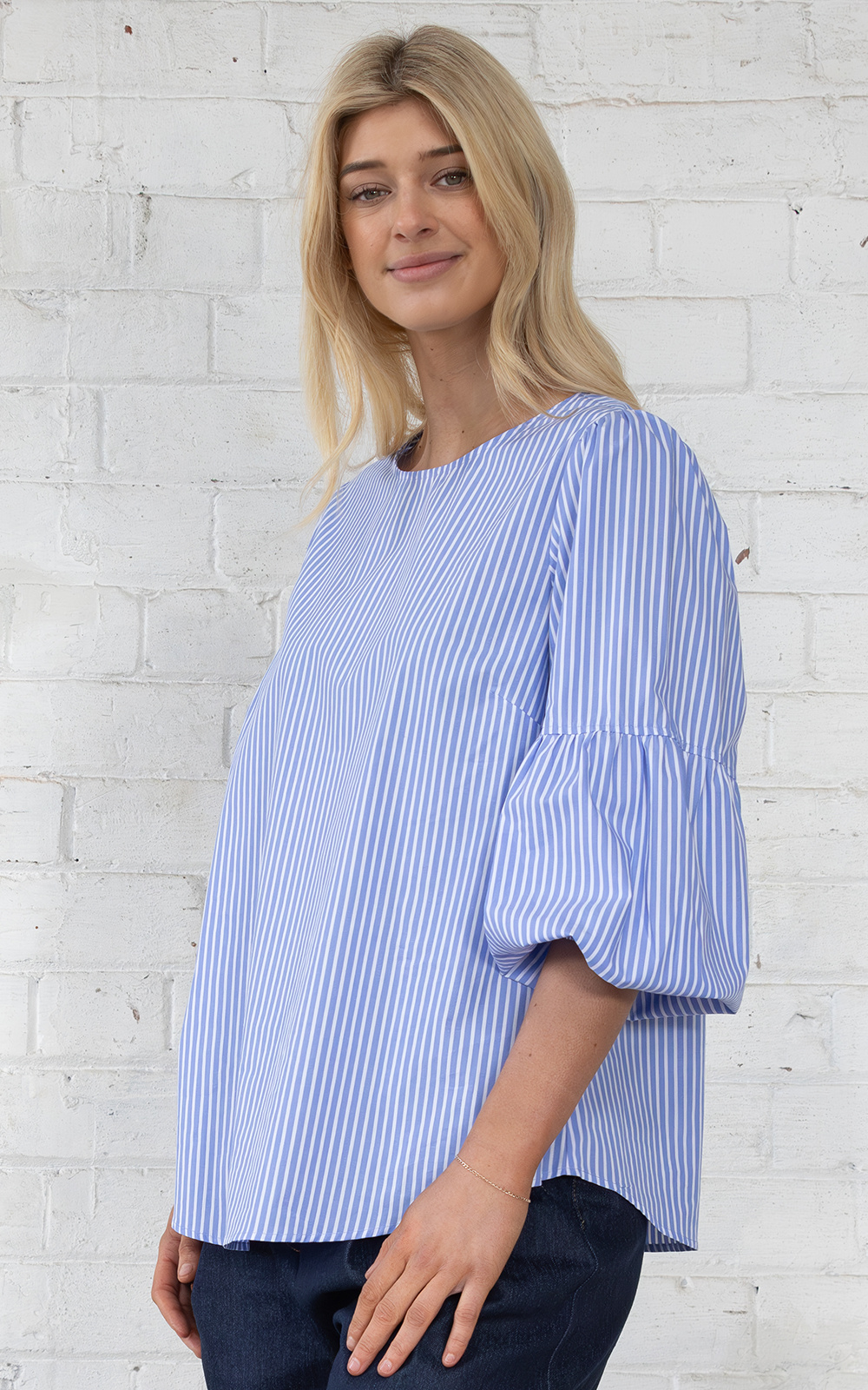 Vienna Top In Blue Stripe product photo.