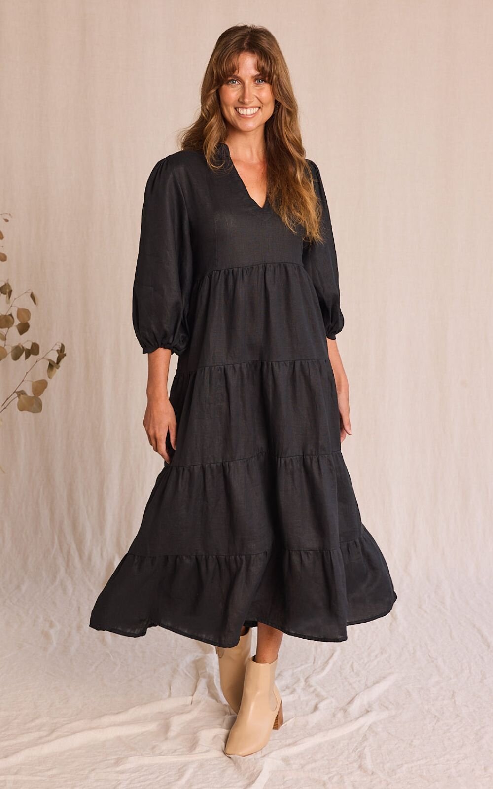 Sabre V Neck Linen Dress product photo.
