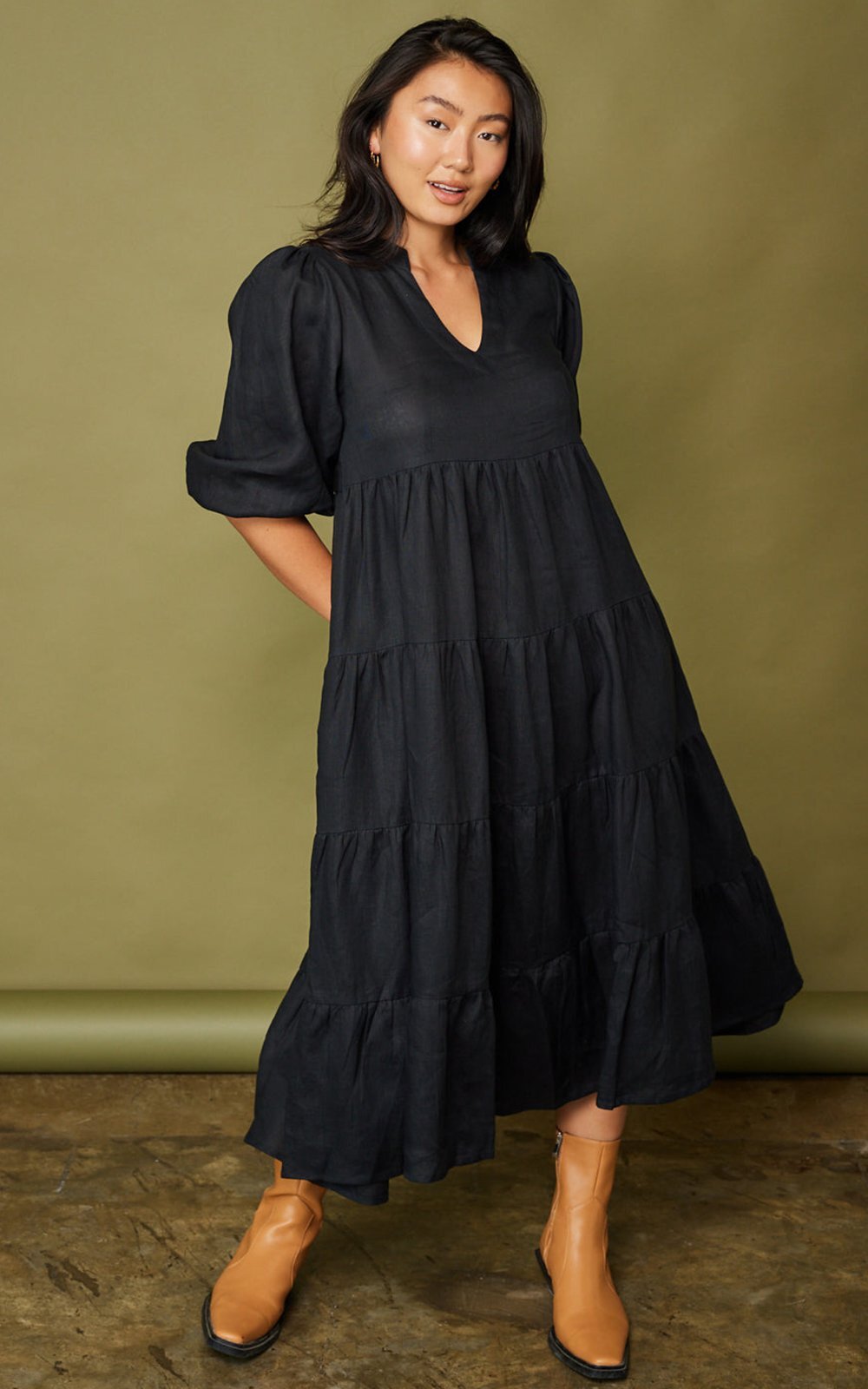 Sabre V Neck Linen Dress product photo.