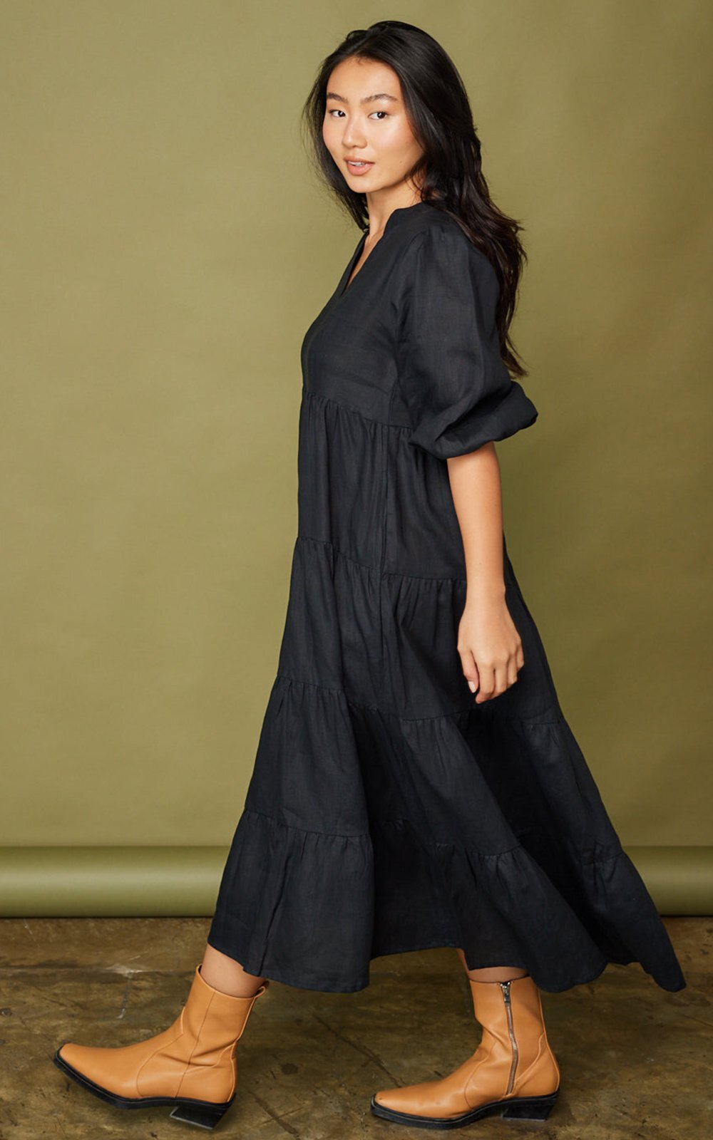 Sabre V Neck Linen Dress product photo.