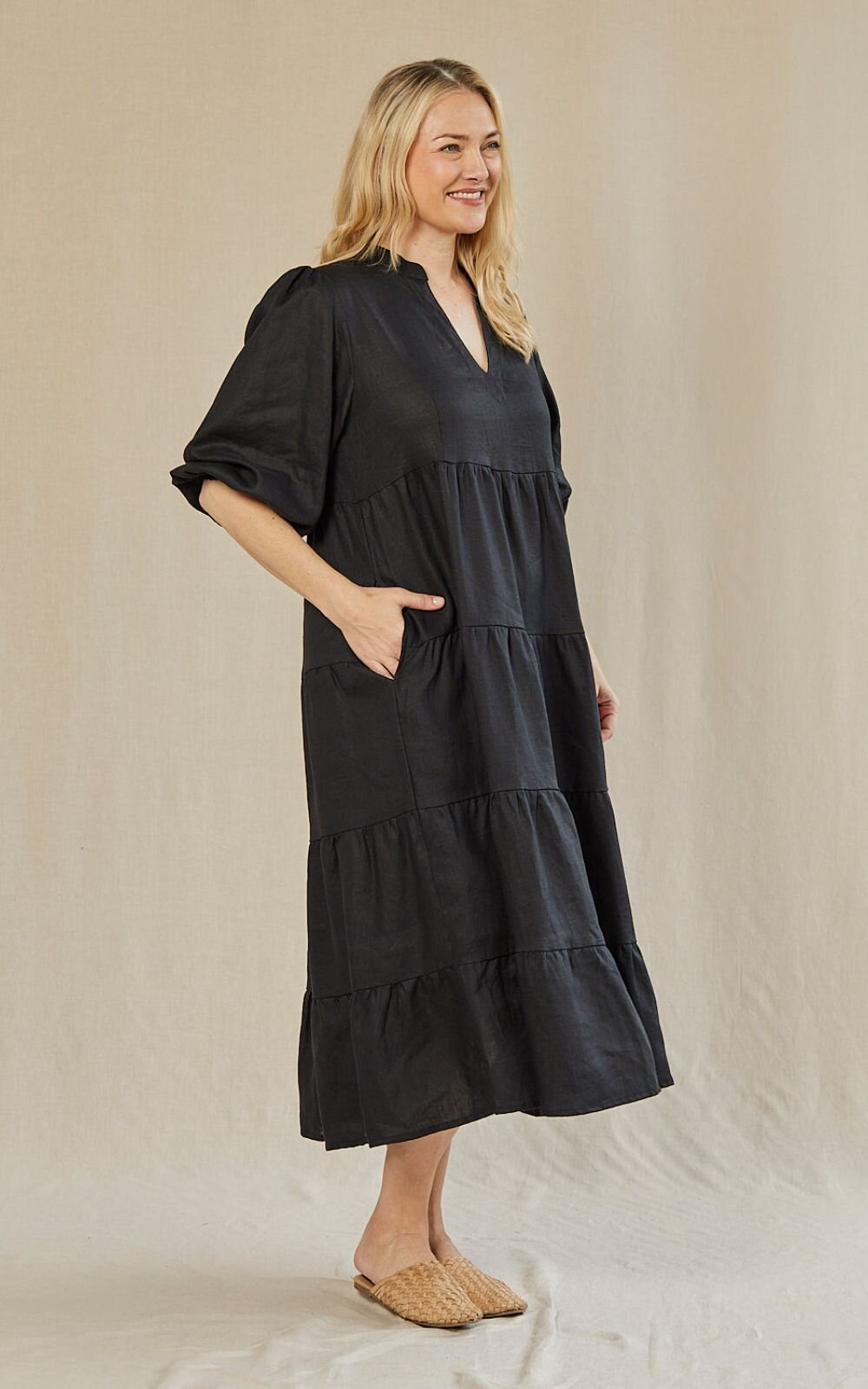 Sabre V Neck Linen Dress product photo.