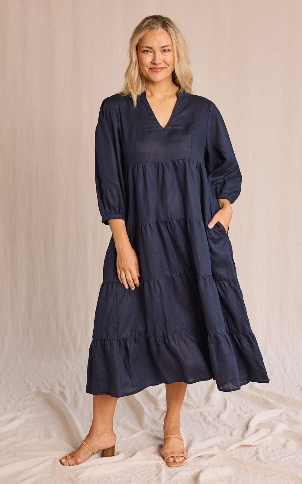 Sabre V Neck Linen Dress product photo.