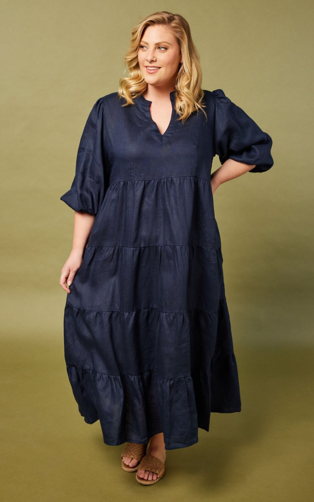 Sabre V Neck Linen Dress product photo.