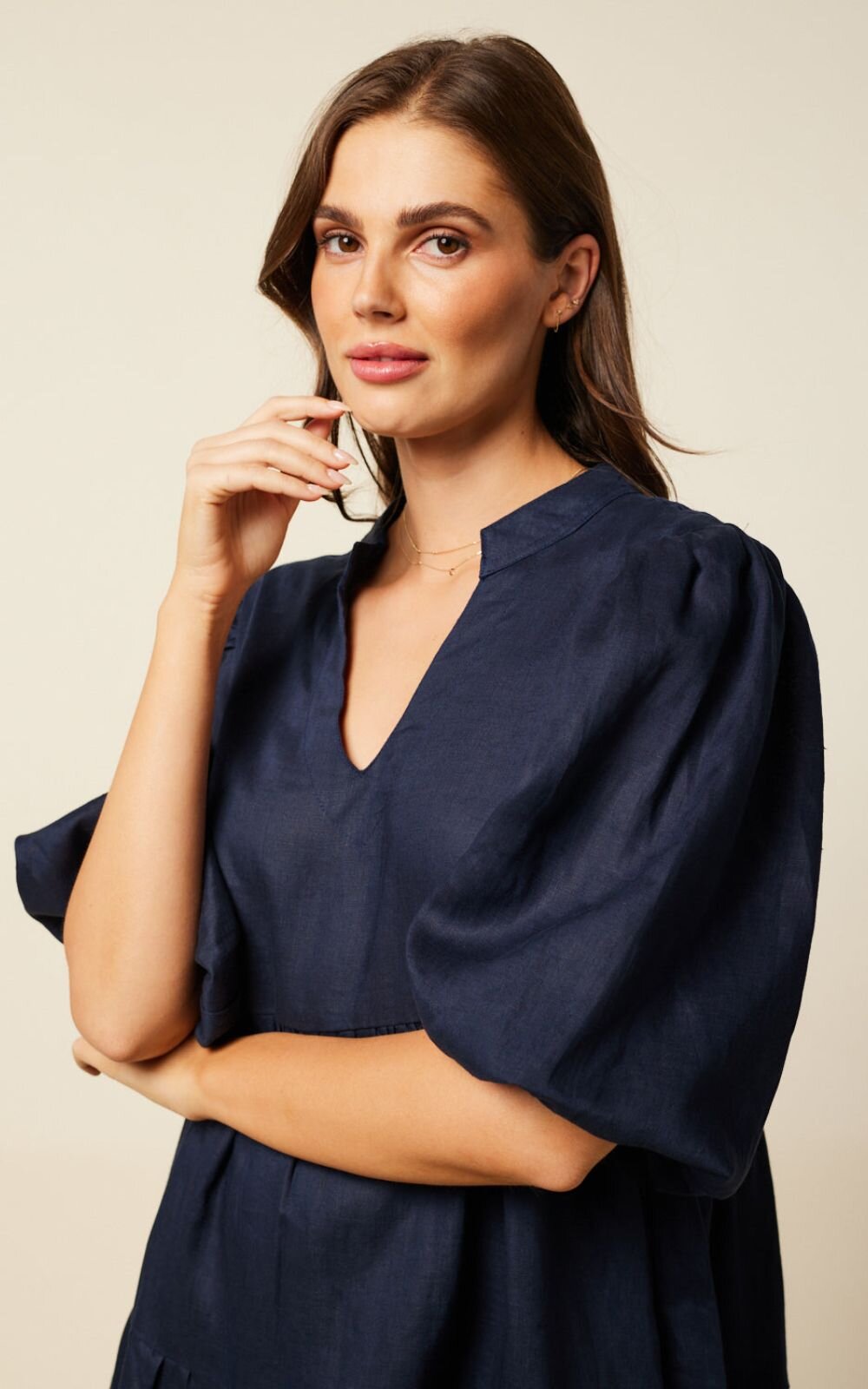 Sabre V Neck Linen Dress product photo.