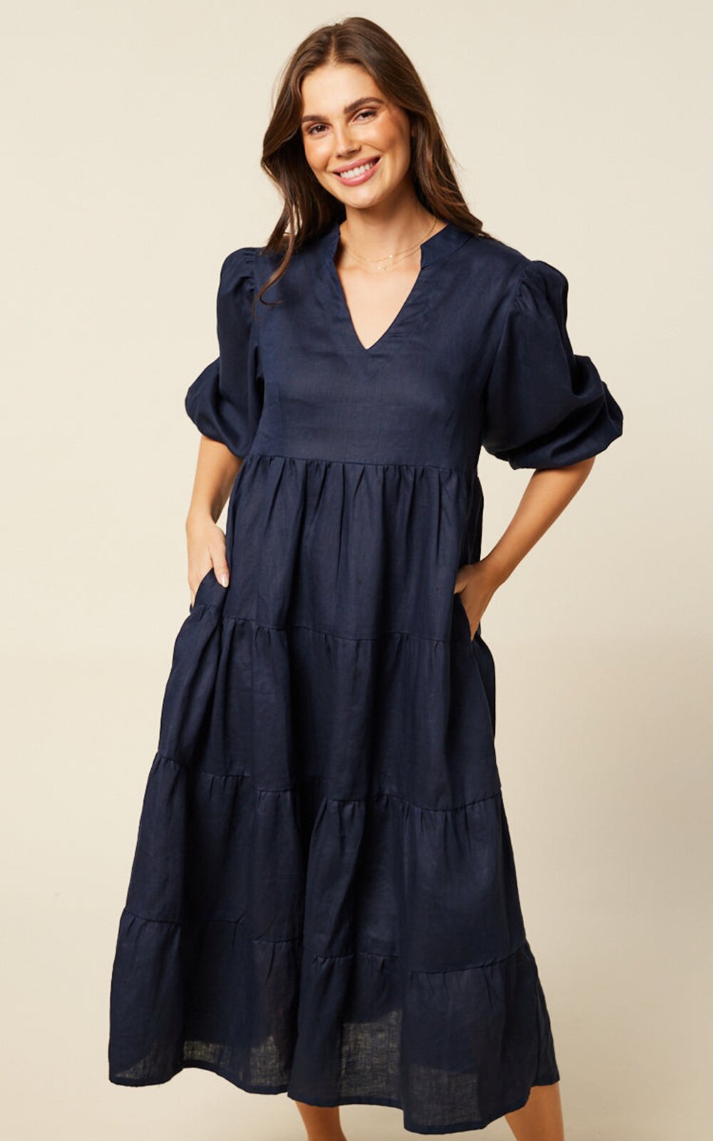 Sabre V Neck Linen Dress product photo.