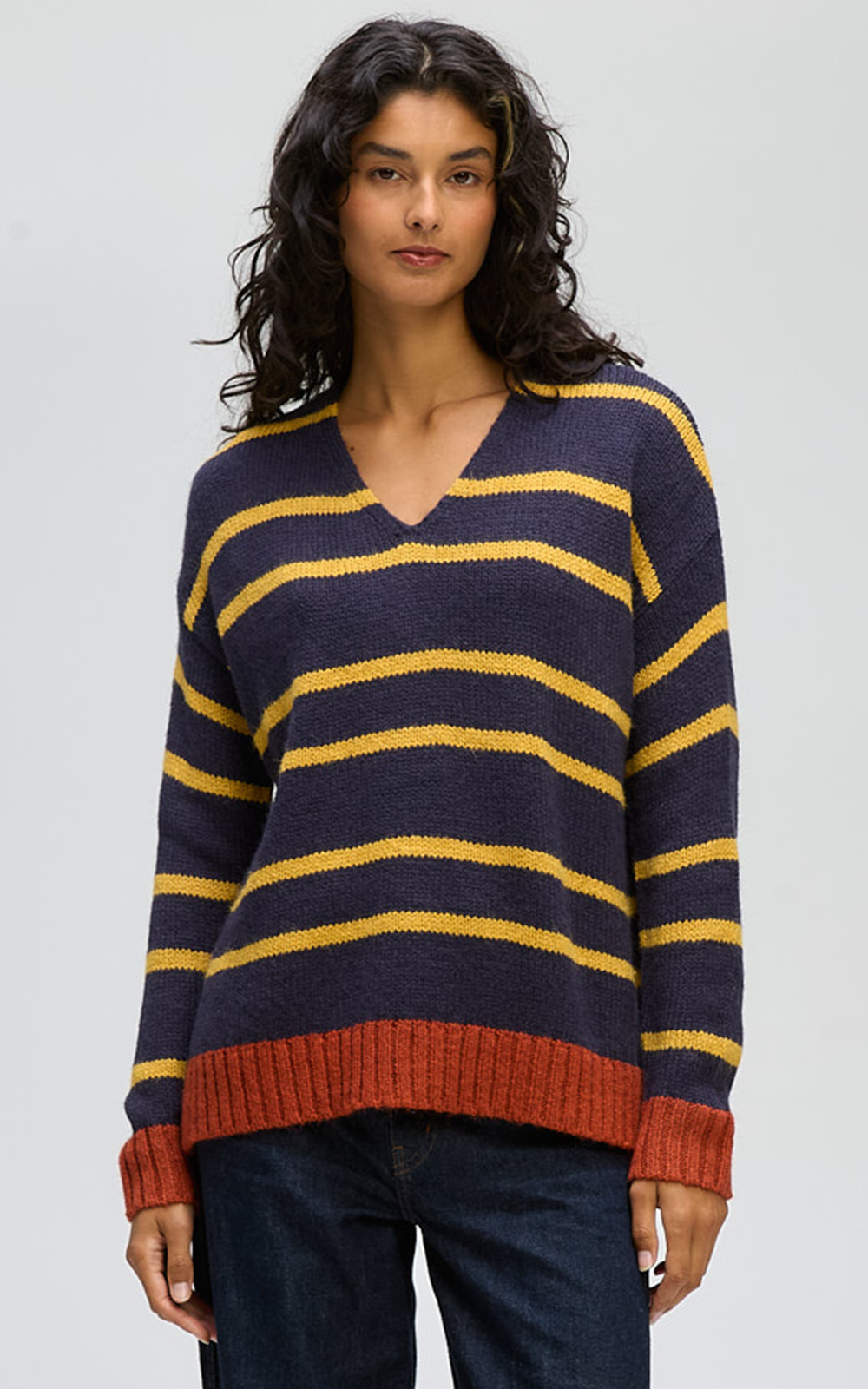 Cozy Stripe V Jumper product photo.