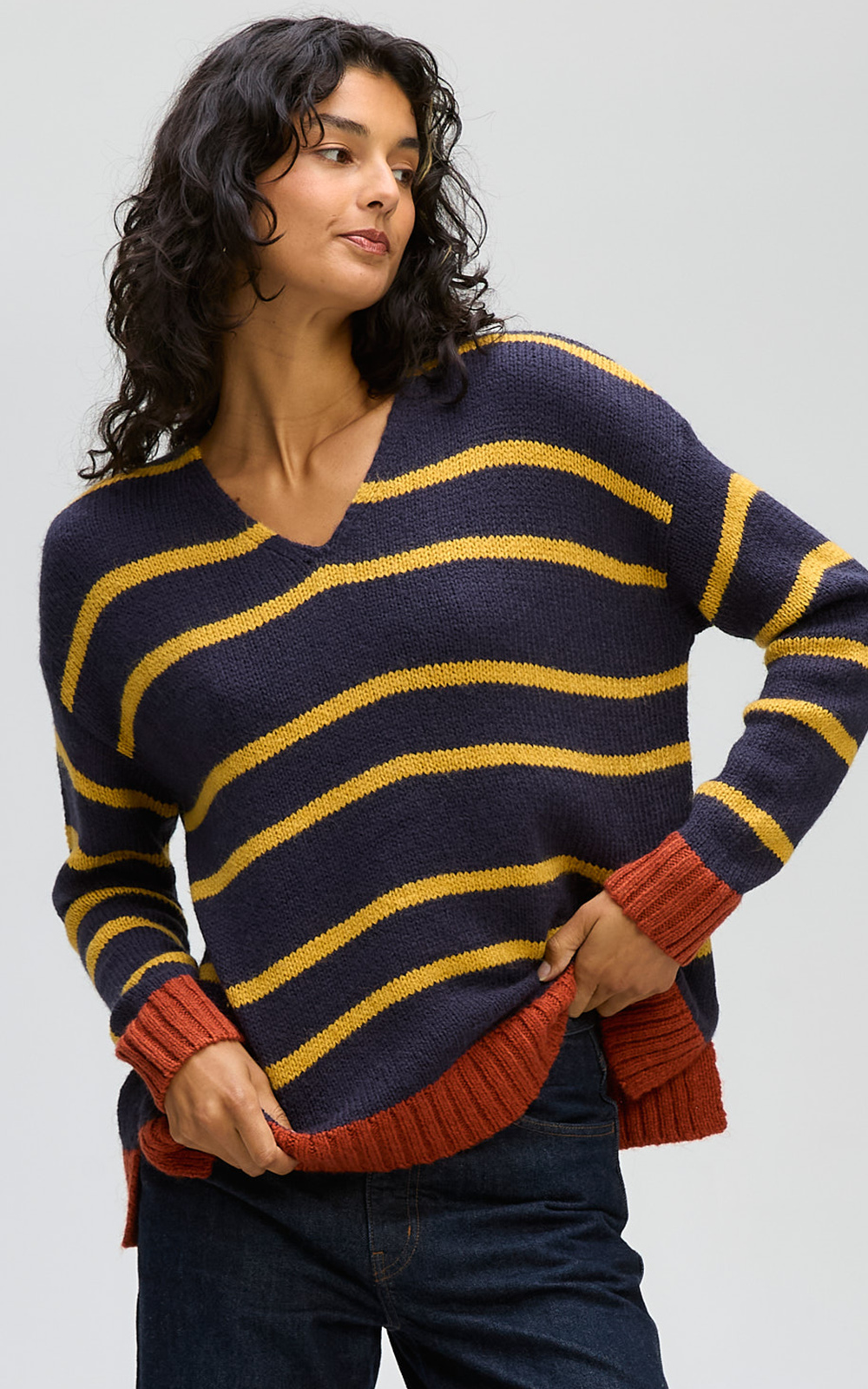 Cozy Stripe V Jumper product photo.