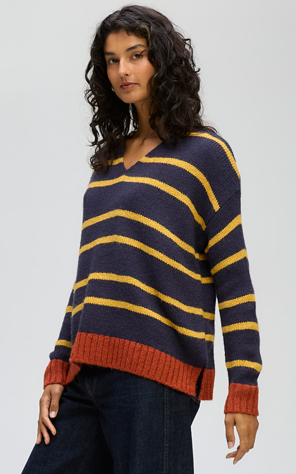 Cozy Stripe V Jumper product photo.