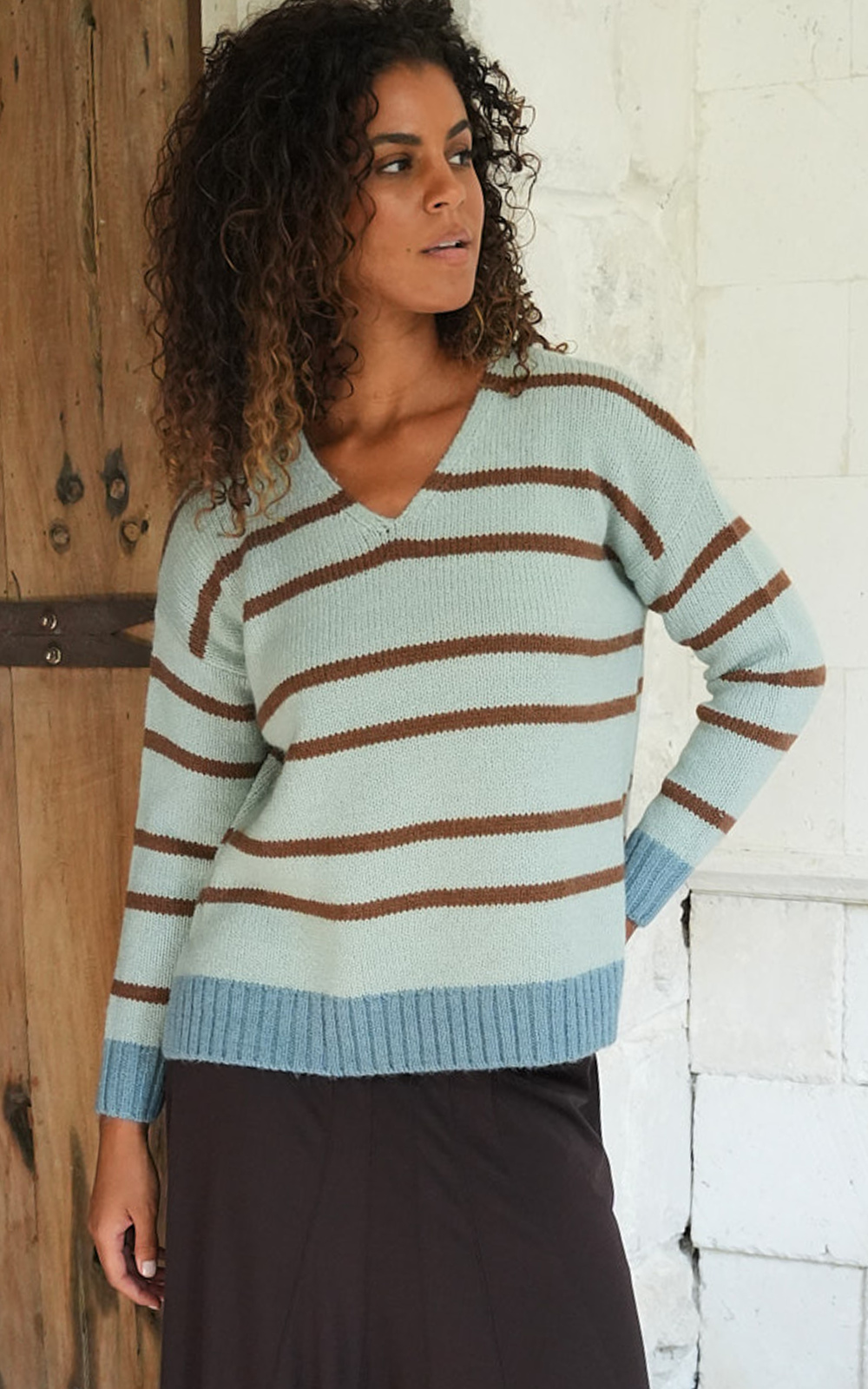 Cozy Stripe V Jumper product photo.