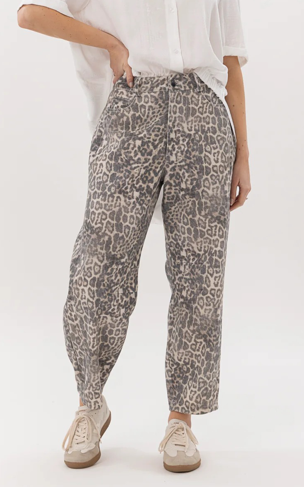 Leopard Barrel Jean product photo.