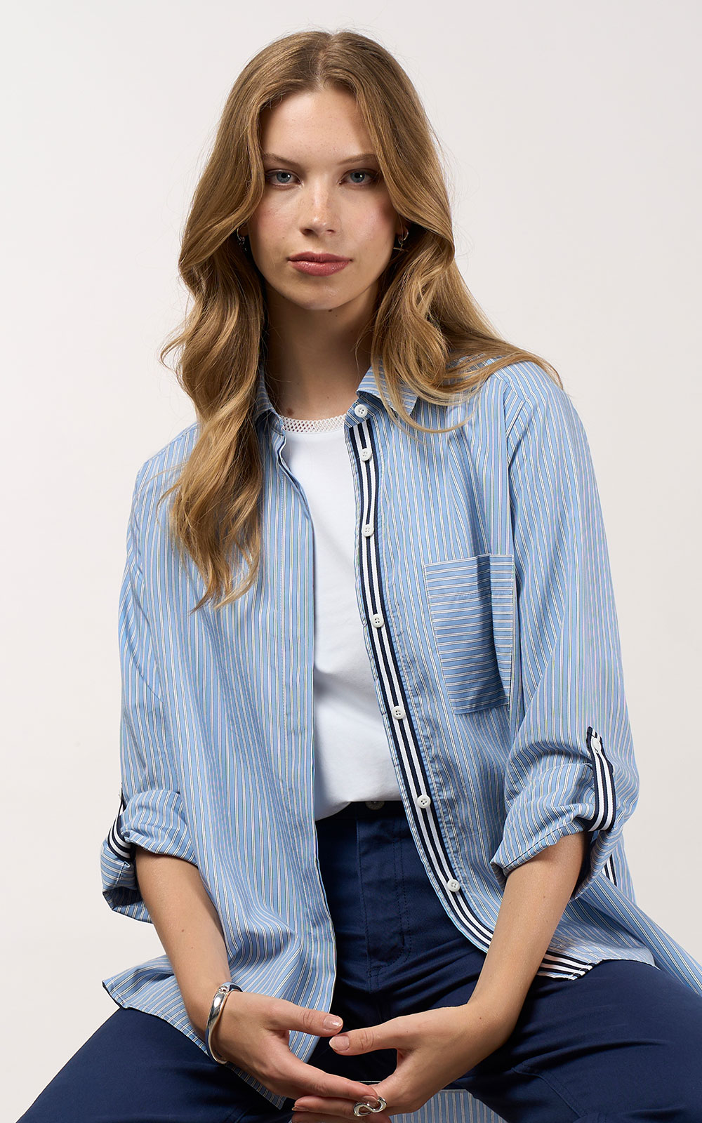 Mixed Media Stripe Shirt product photo.