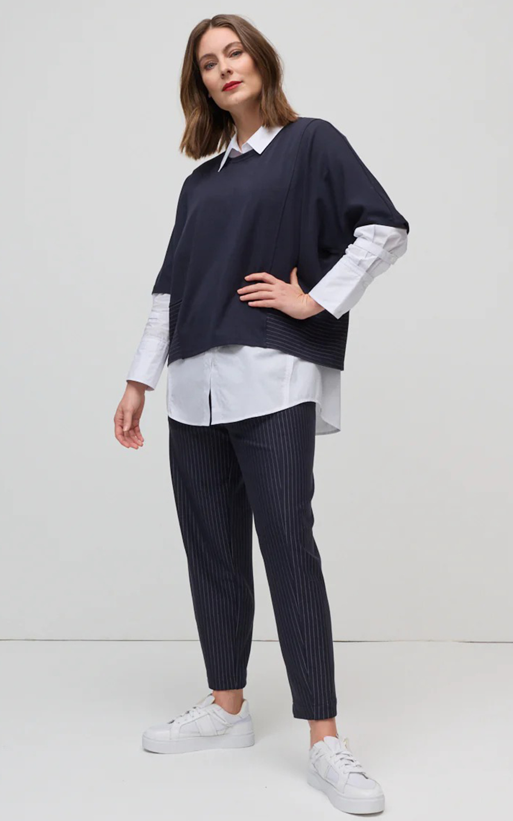 Pinstripe Ponte Barrel Pant product photo.