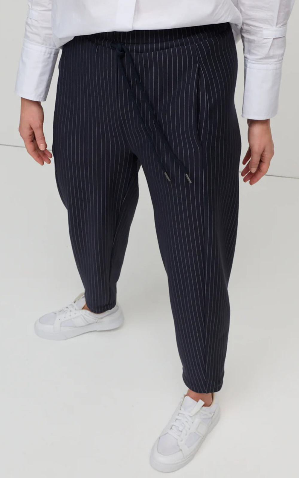 Pinstripe Ponte Barrel Pant product photo.