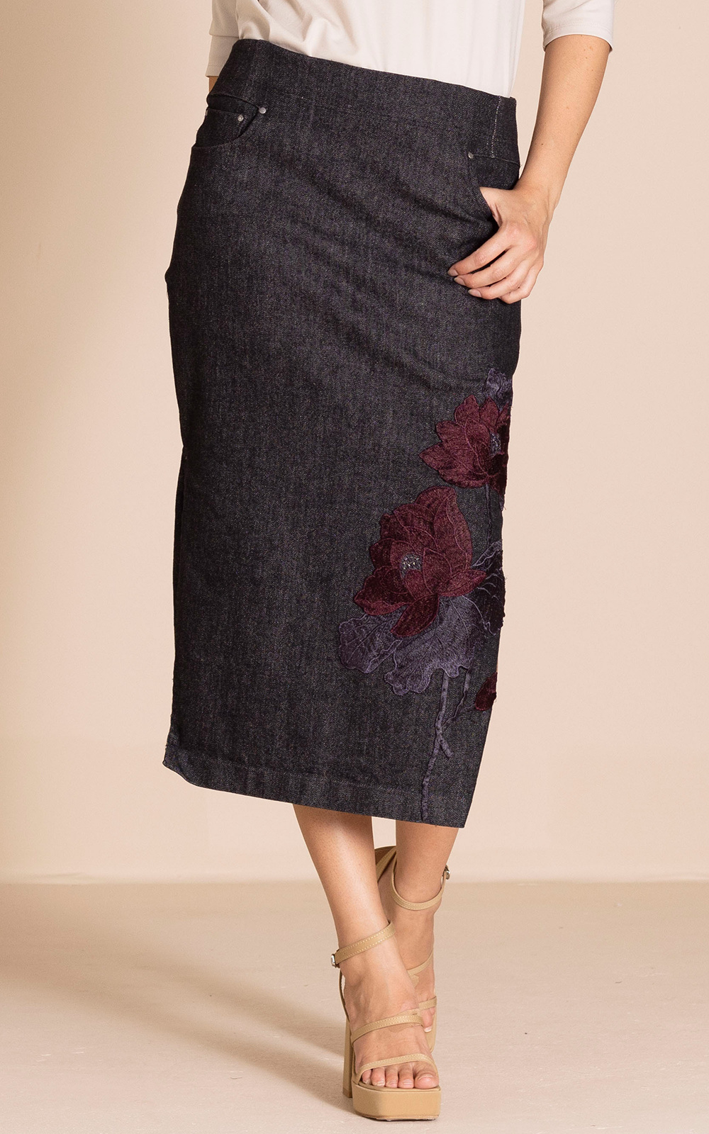 Denim Column Skirt product photo.