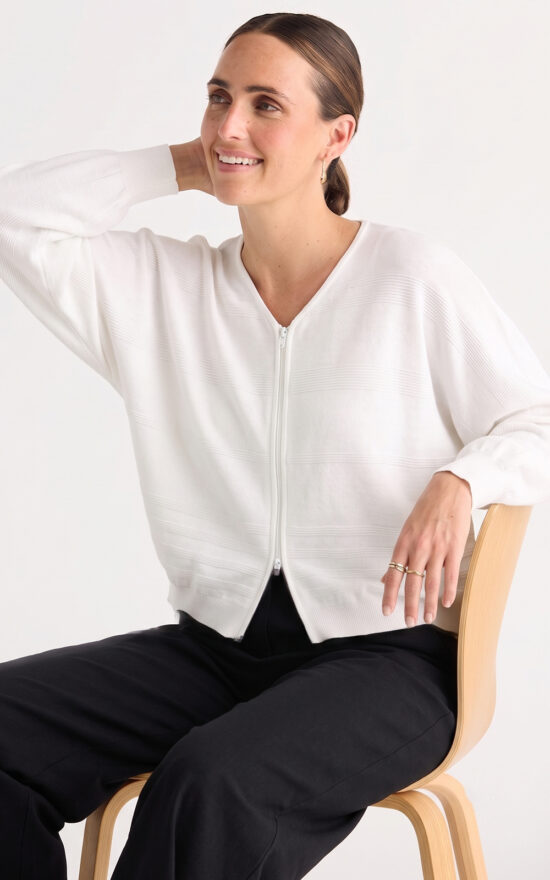 Statement Zip Cardi product photo.